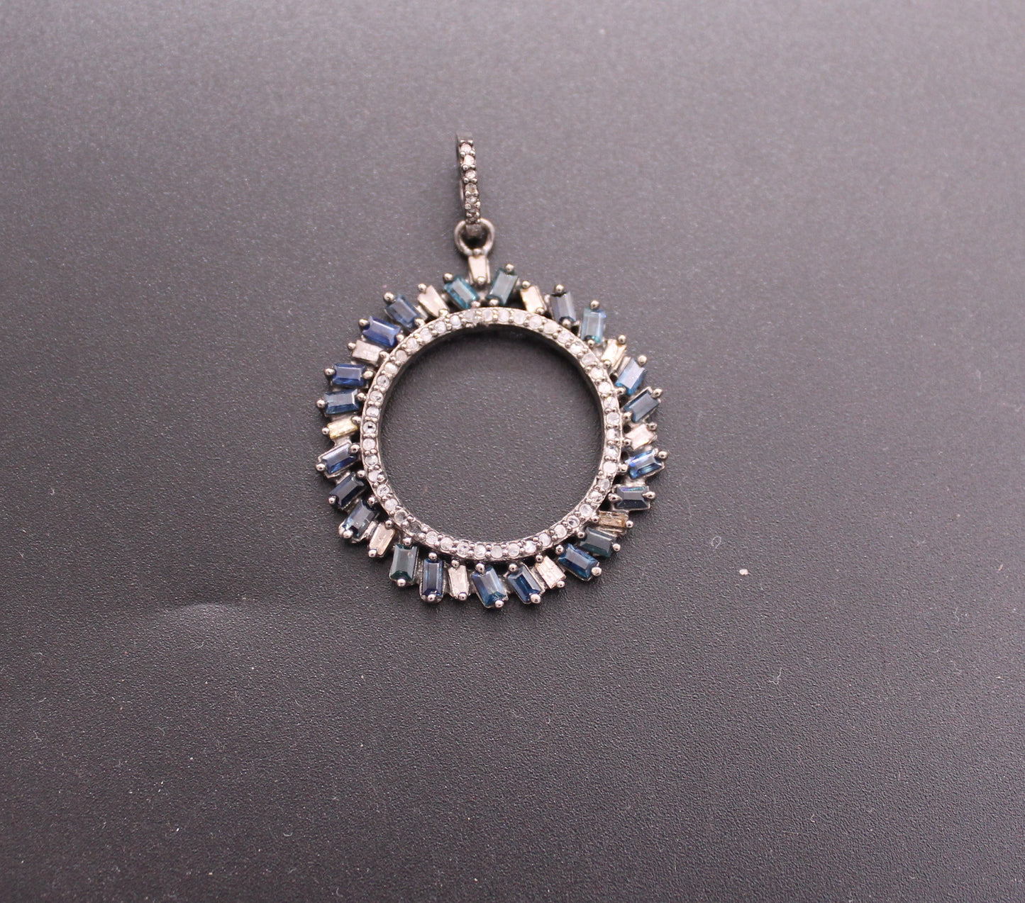Baguette and Blue Sapphire Diamond Flower Pendant