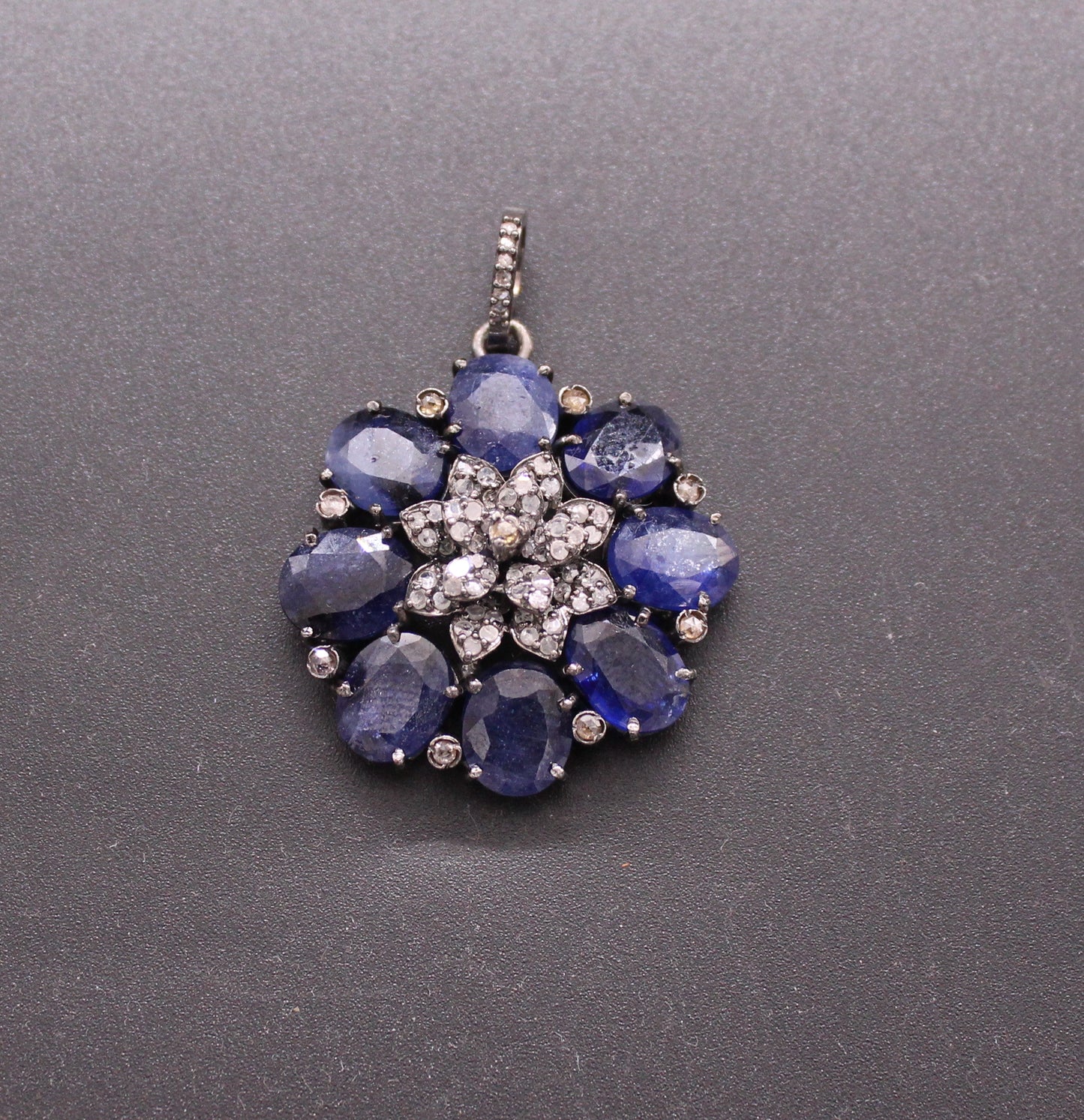 Small Flower Diamond and Blue Sapphire Pendant
