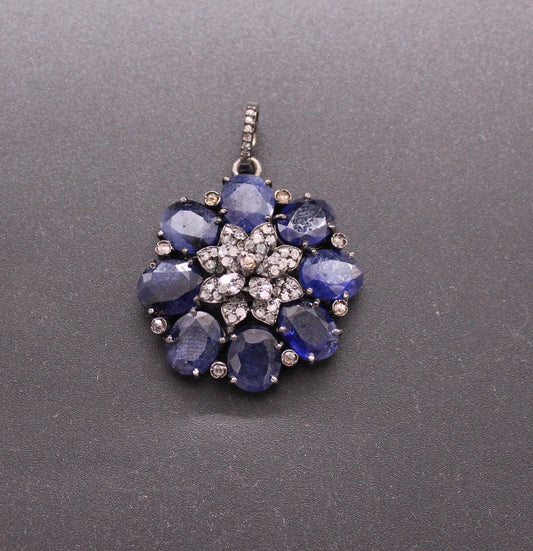 Small Flower Diamond and Blue Sapphire Pendant