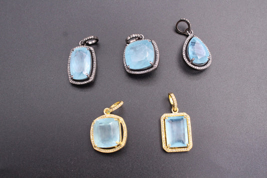Square, Rectangle or Drop Design Pendant with Diamond and Aqua Marine