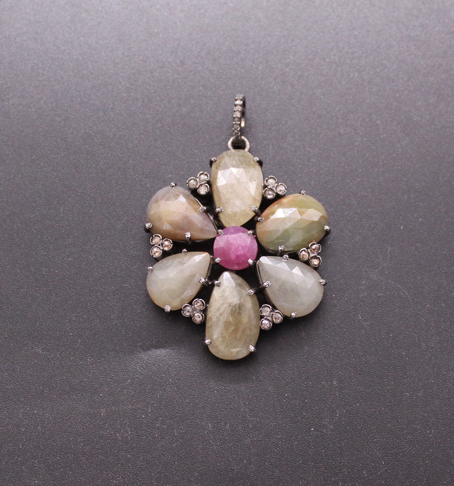 Flower Diamond and Multi Sapphire Pendant