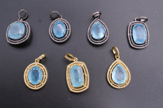 Round, Drop, Square and Rectangle Design Pendant with Double Layer Diamond and Aqua Marine