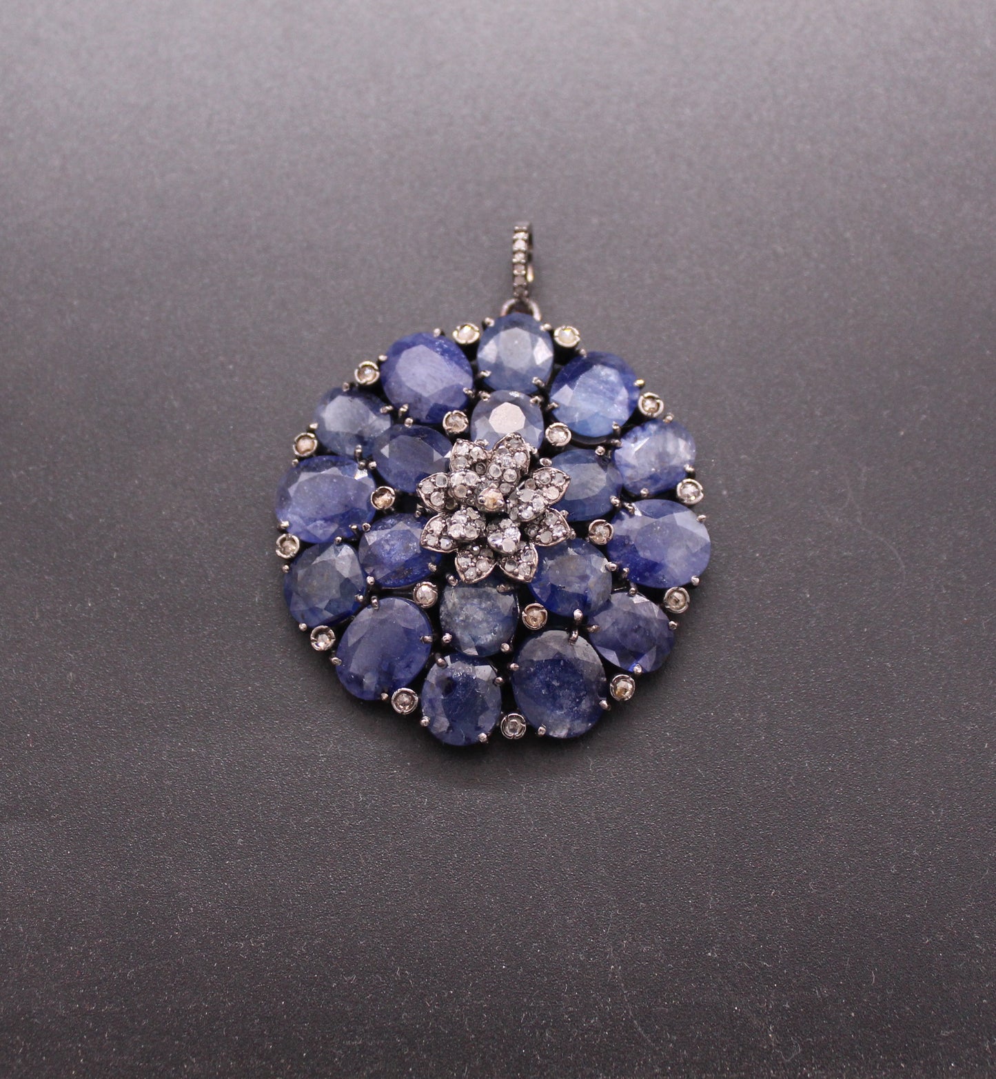 Big Flower Diamond and Blue Sapphire Pendant