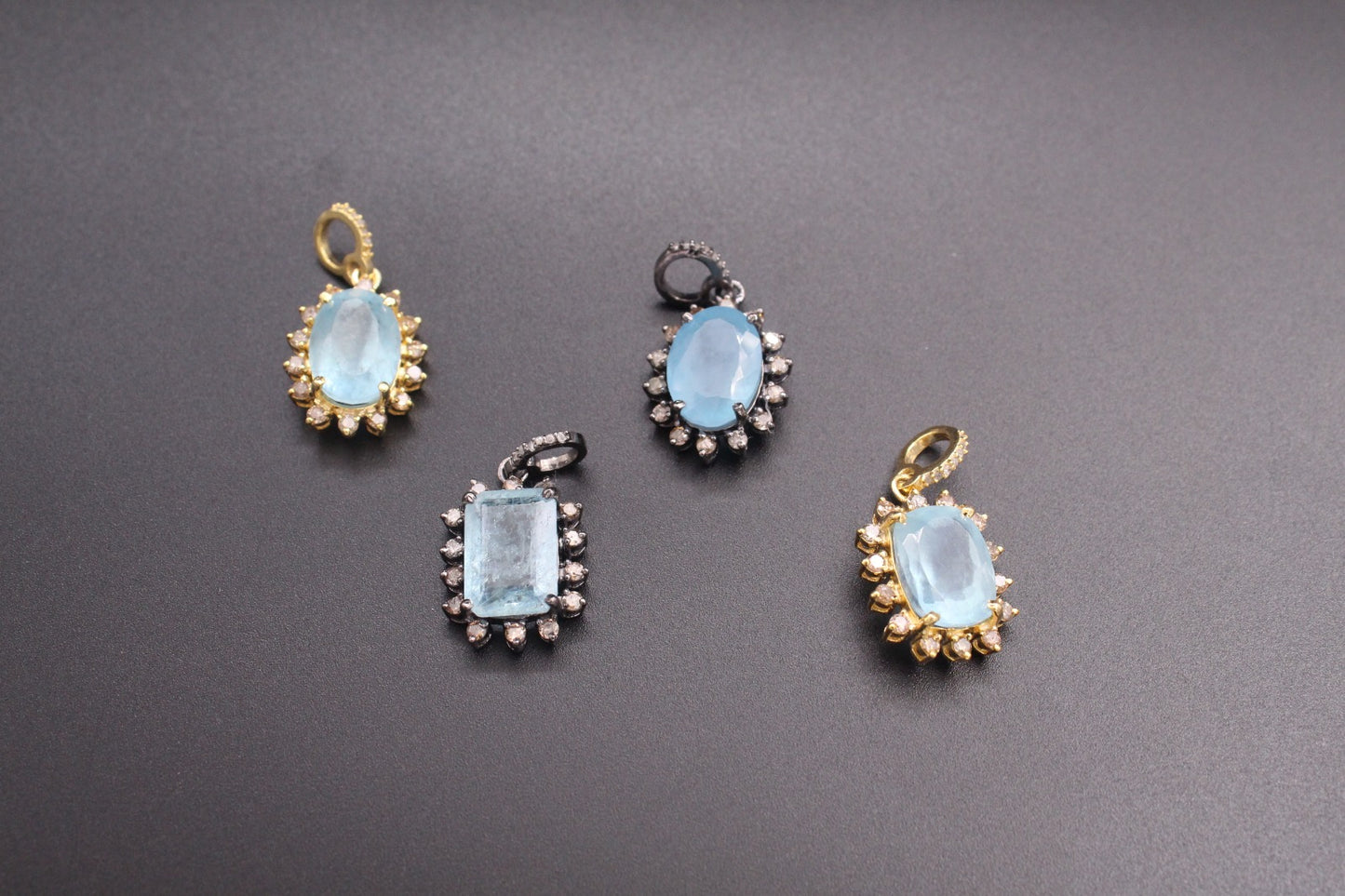 Rectangle or Oval Design Pendant with Diamond and Aqua Marine