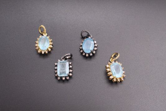 Rectangle or Oval Design Pendant with Diamond and Aqua Marine