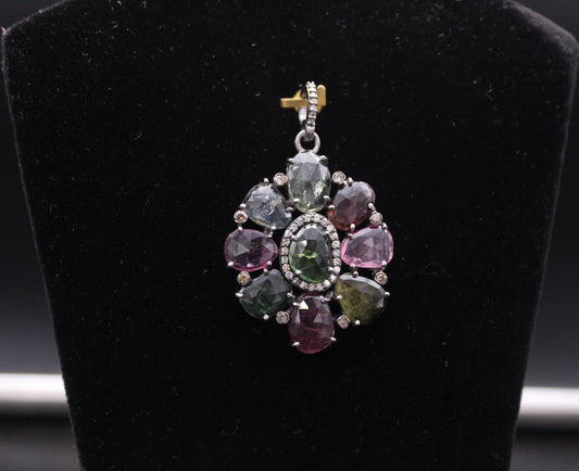 Flower Diamond With Gemstones Pendant