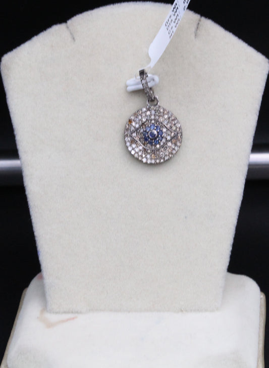 Round Evil Eye Pendant With Diamond & Blue Sapphire