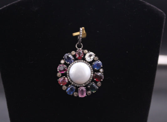 Flower Diamond With Gemstone Pendant