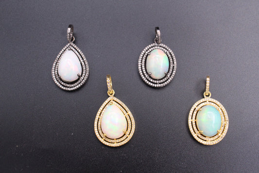 Double layer Round and Drop Design Diamond with Opal Pendant