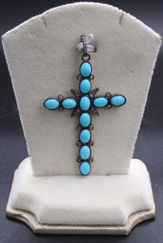 Cross Design Diamond Pendant with Turquoise
