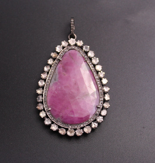 Drop Design Ruby Pendant with Polki and Diamond