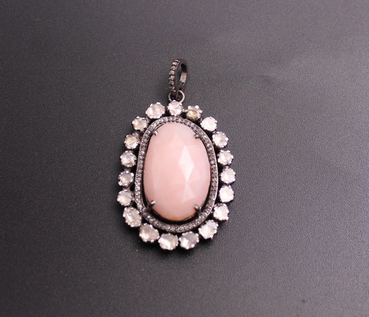 Round Design Pink Opal Pendant with Diamond and Polki