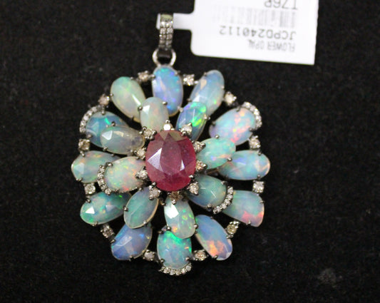 Flower Design Pendant with Ruby or Opal and Diamond