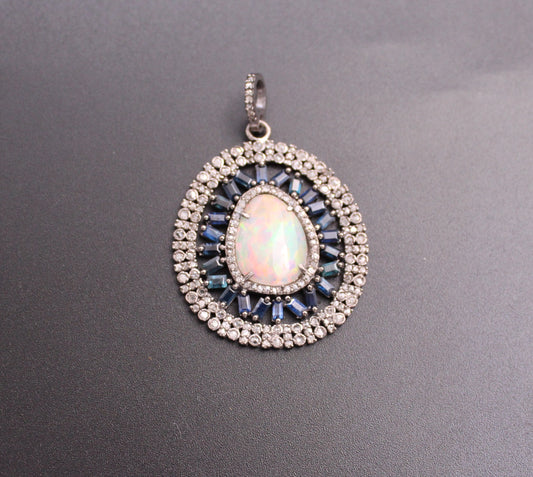 Round Design With Diamond and Blue Sapphire or Opal