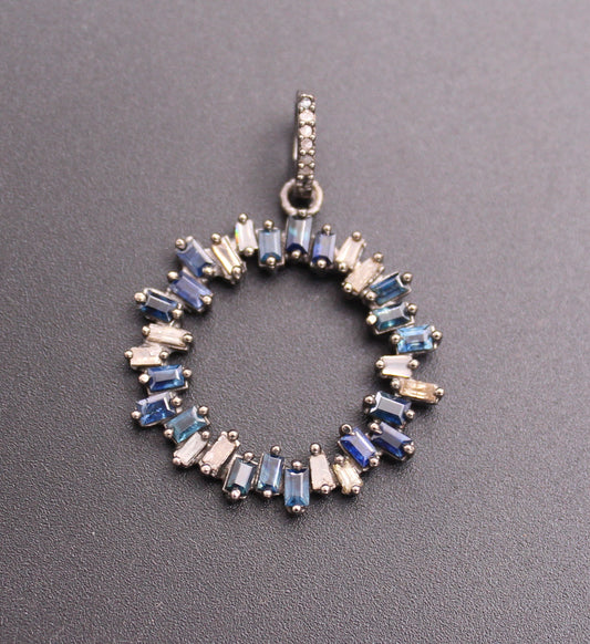 Diamond Baguette and Blue Sapphire Round Pendant