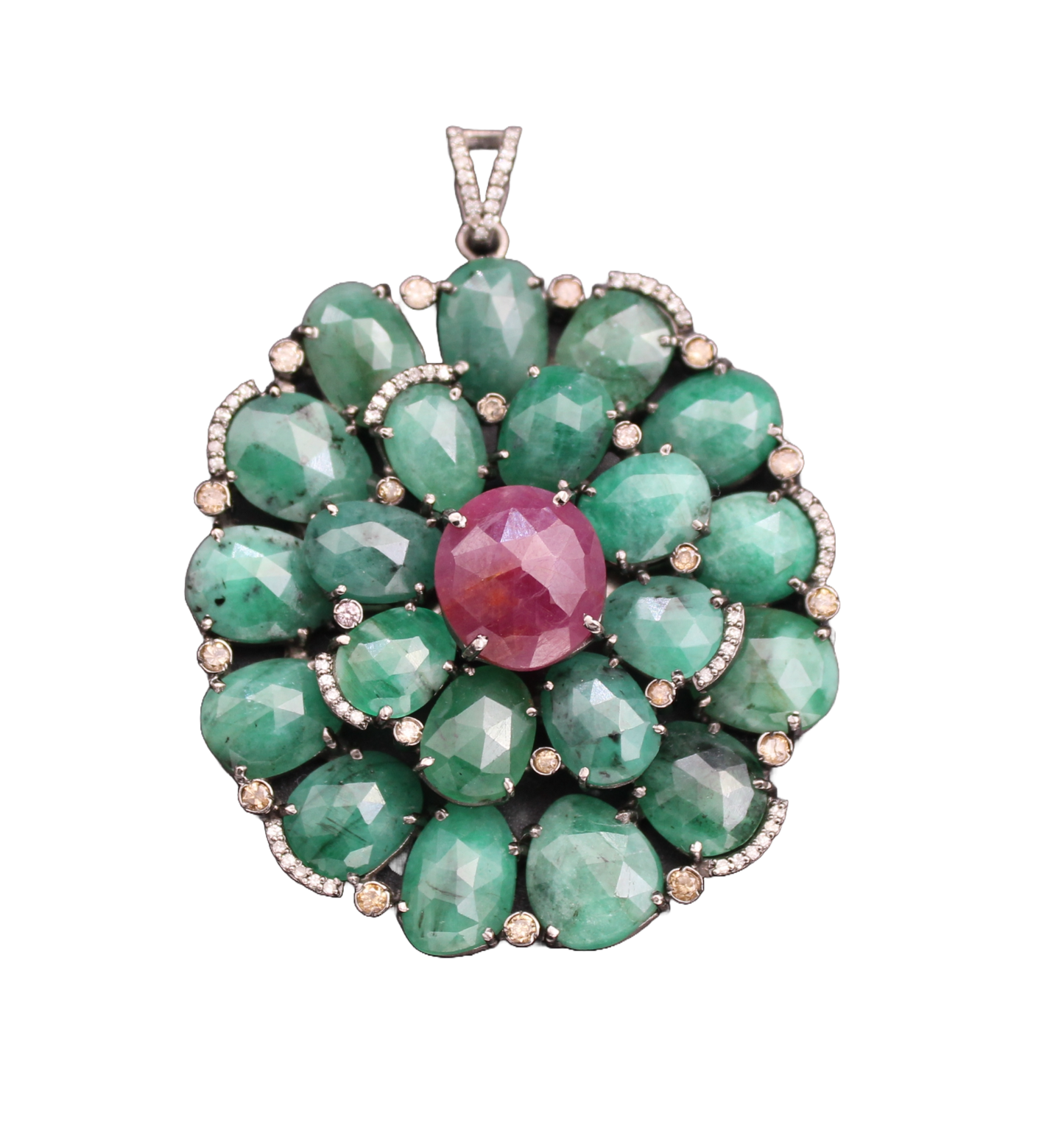 Big Flower Design Diamond and Gemstone Pendant
