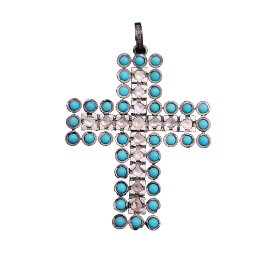 Cross Diamond with Polki and Turquoise Pendant