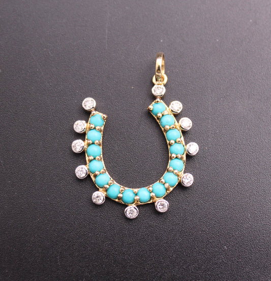 Gold Horse Shoe Diamond and Turquoise Pendant