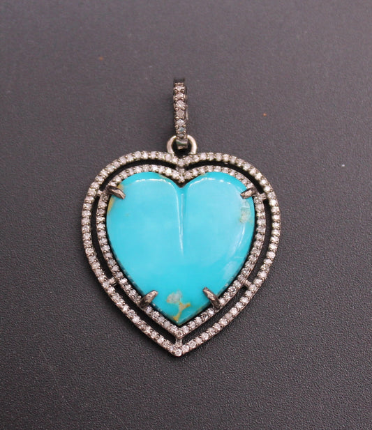 Double Layer Heart Diamond and Turquoise Pendant