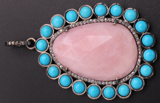 Oval Diamond Pink Opal Pendant with Turquoise