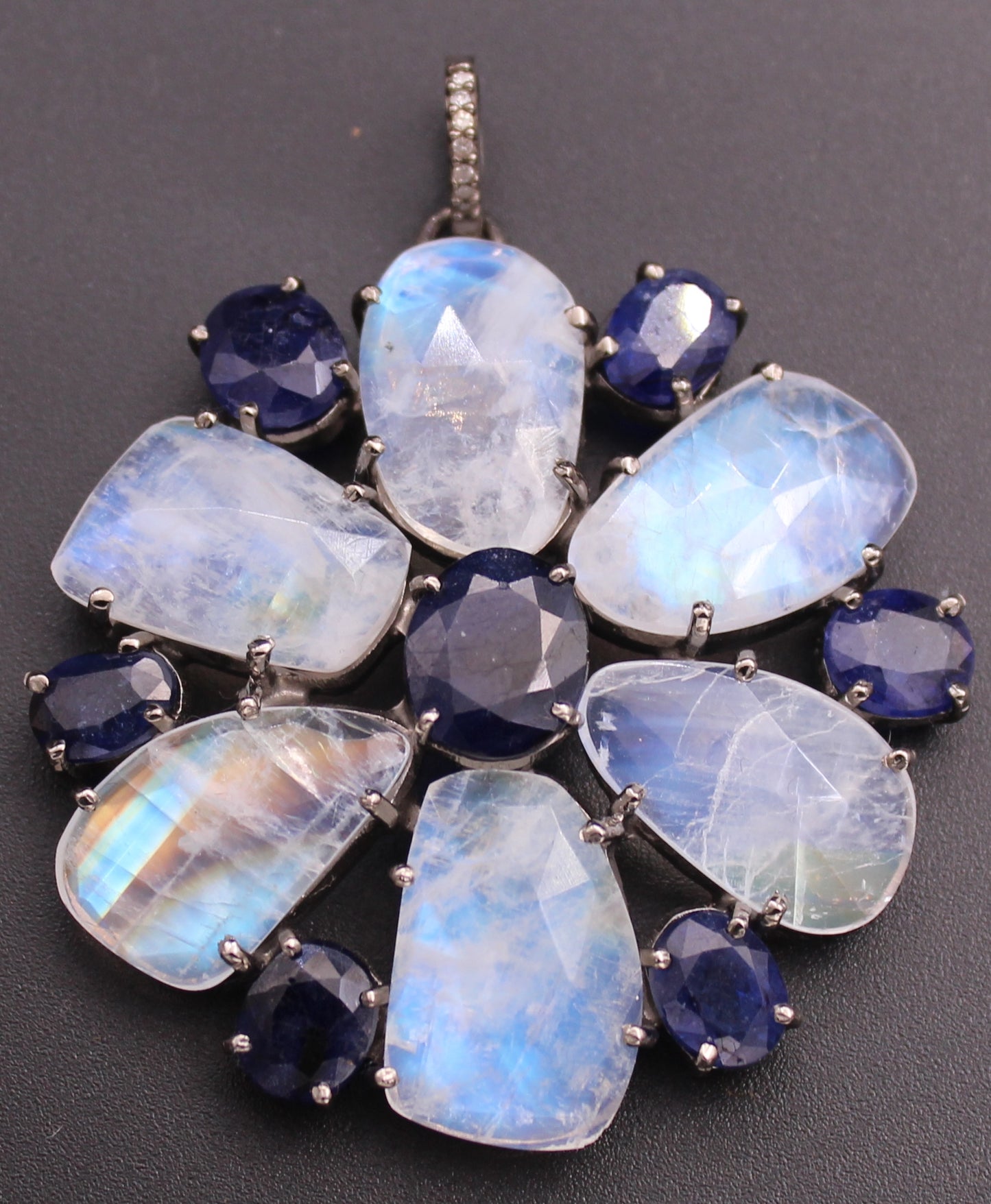 Moon Stone with Blue Sapphire and Diamond Flower Pendant