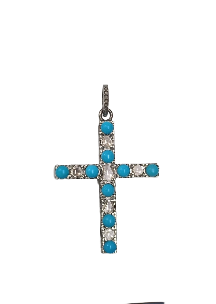 Big Cross Design Diamond with Polki and Turquoise Pendant