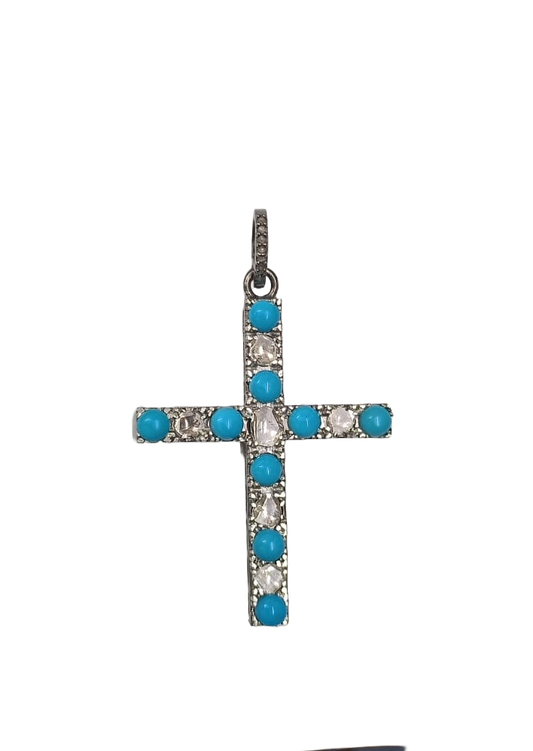 Big Cross Design Diamond with Polki and Turquoise Pendant