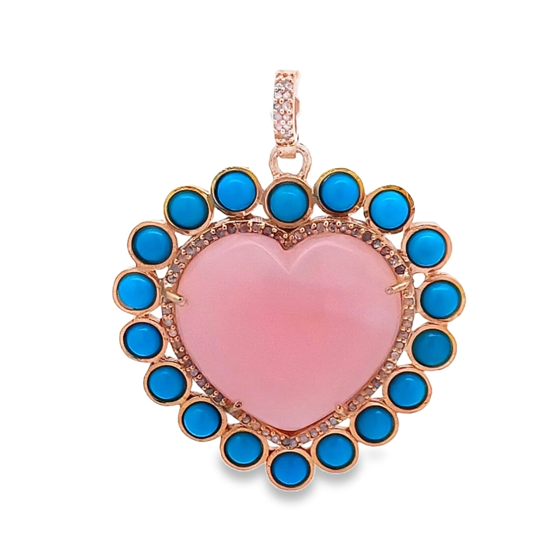 Diamond & Pink Opal And Turquoise Heart Pendant