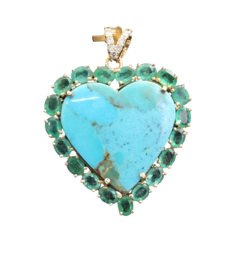Turquoise and Emerald Stone Heart Diamond Pendant in 14kt Gold