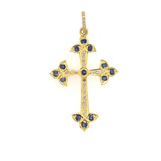 Cross Design Diamond and Blue Sapphire Pendant