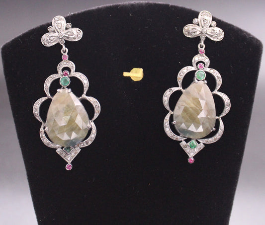 Silver Diamond With Gemstone Earring