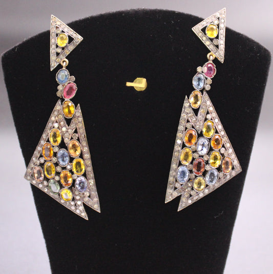 Gold & Silver Diamond and Multi Sapphire Earring