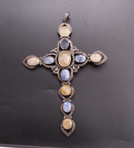 Cross Silver Diamond and Gemstone Pendant