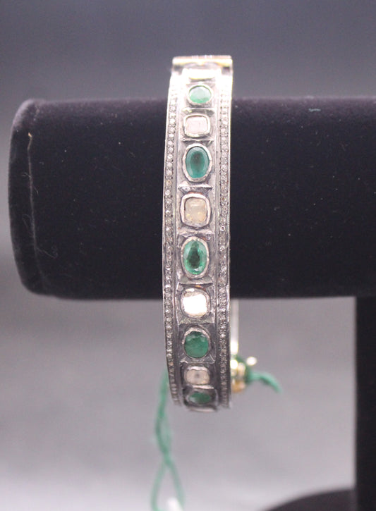 Silver Diamond and Emerald Stone Bracelet