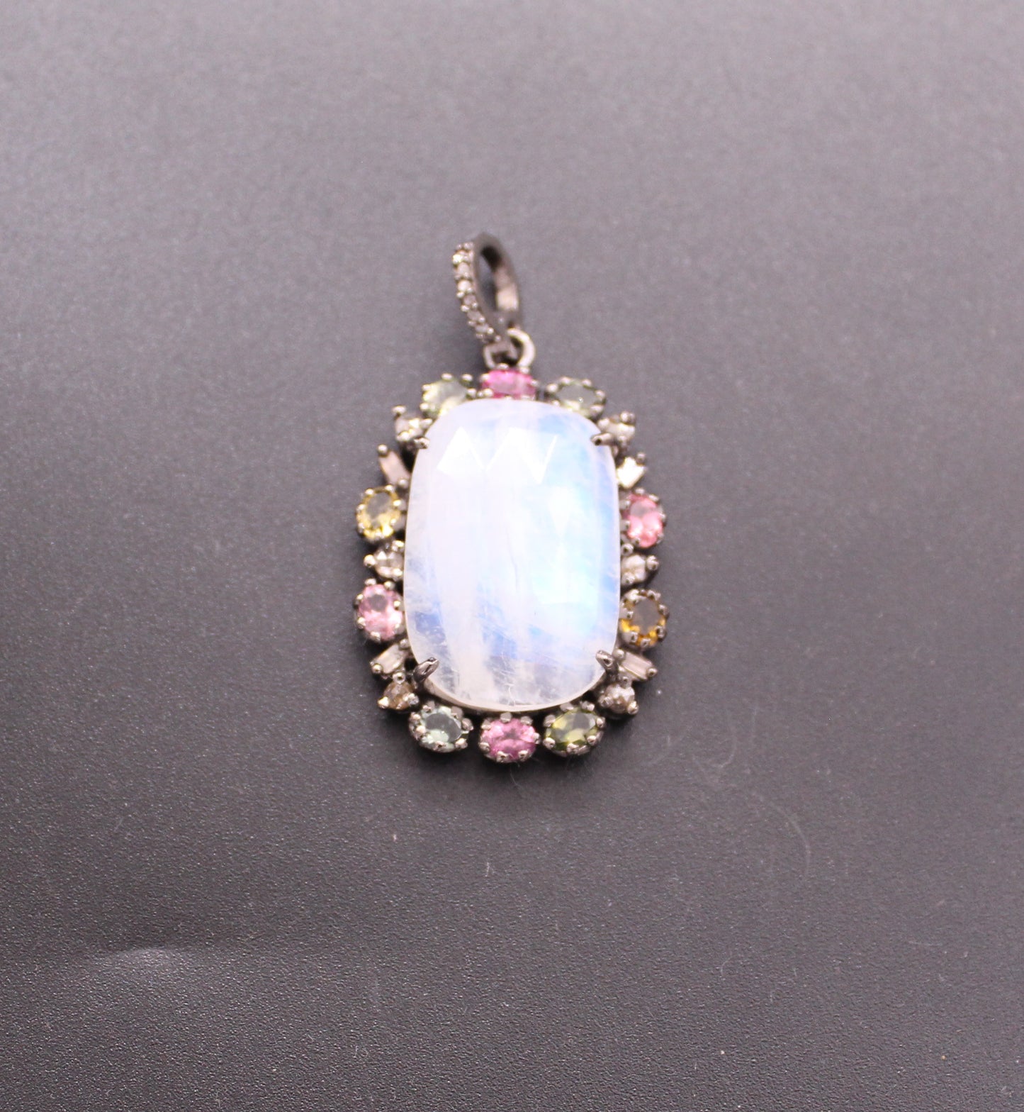 Flower Diamond With Multi Stone and Moon Stone Pendant