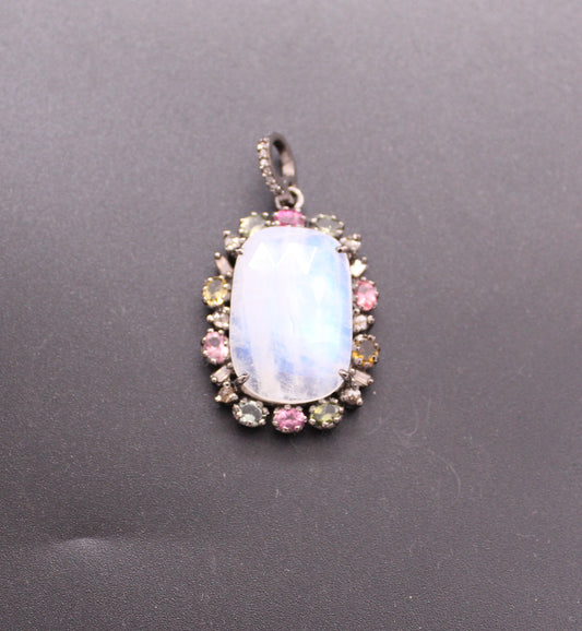 Flower Diamond With Multi Stone and Moon Stone Pendant