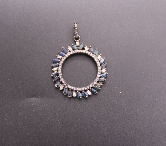 Baguette and Blue Sapphire Diamond Flower Pendant