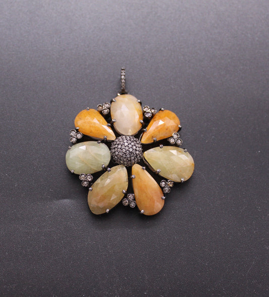 Flower Diamond and Multi Sapphire Pendant