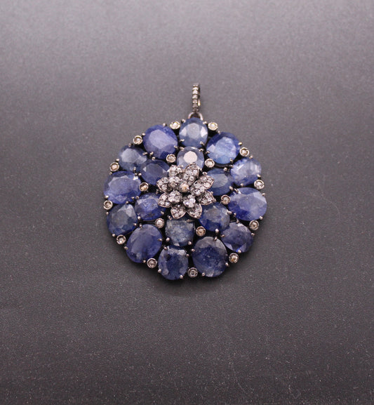 Big Flower Diamond and Blue Sapphire Pendant