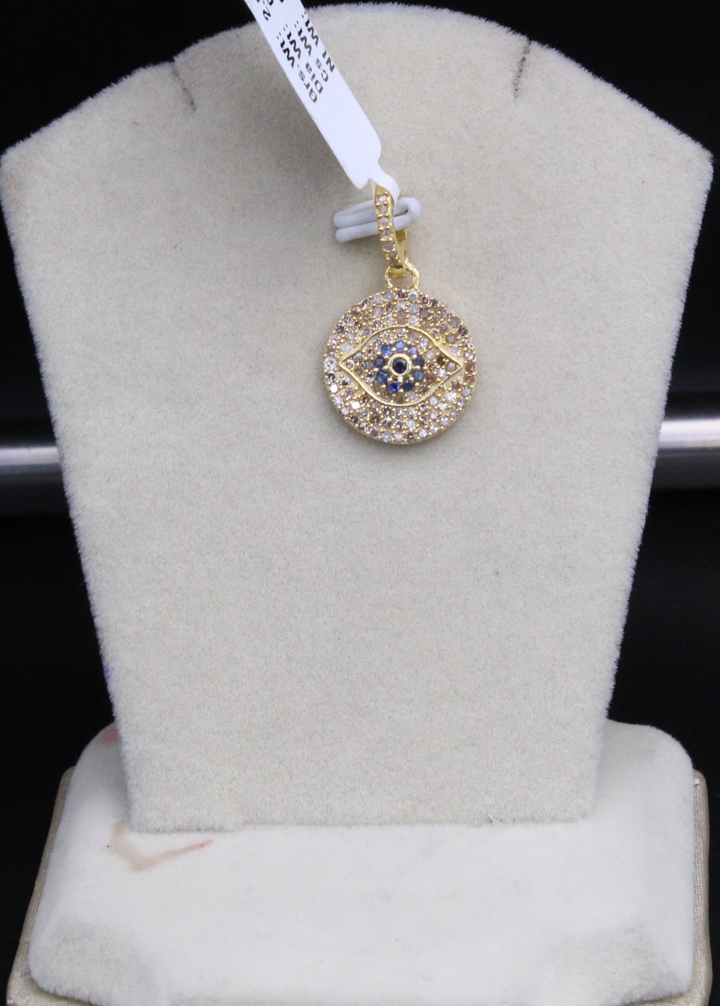 Round Evil Eye Pendant With Diamond & Blue Sapphire