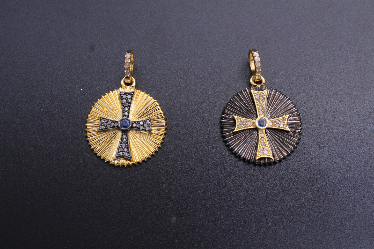 Round with Cross Diamond & Blue Sapphire Pendant