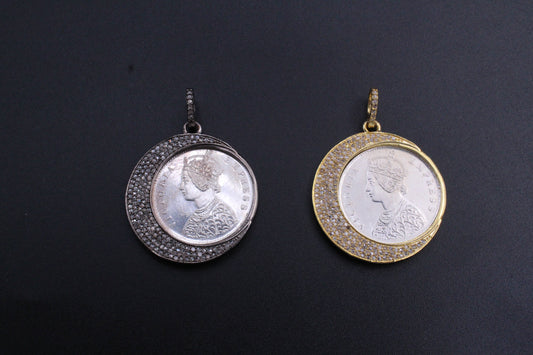 Cresent Design Diamond Real Old Coin Pendant
