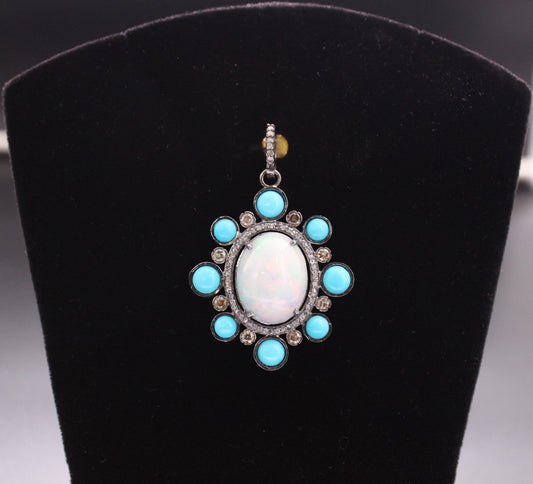 Flower Diamond & Opal With Gemstones Pendant
