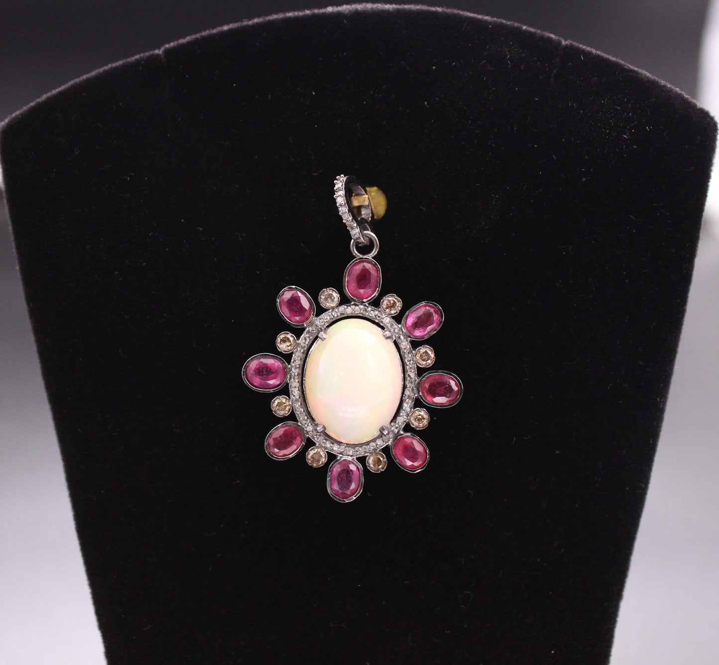 Flower Diamond & Opal With Gemstones Pendant
