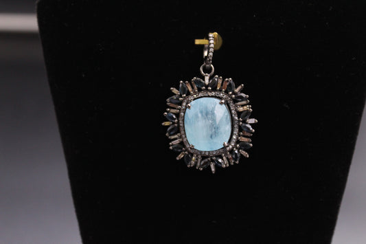 Aqua Marine and Blue Sapphire Pendant with Diamond and Baguette