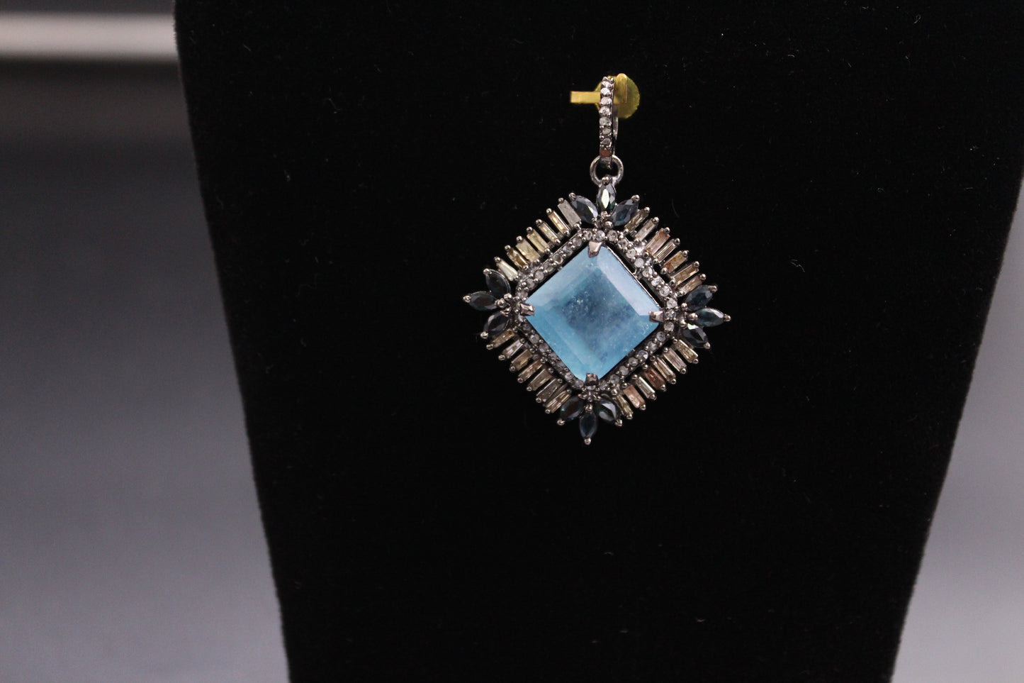 Aqua Marine and Blue Sapphire Pendant with Diamond and Baguette