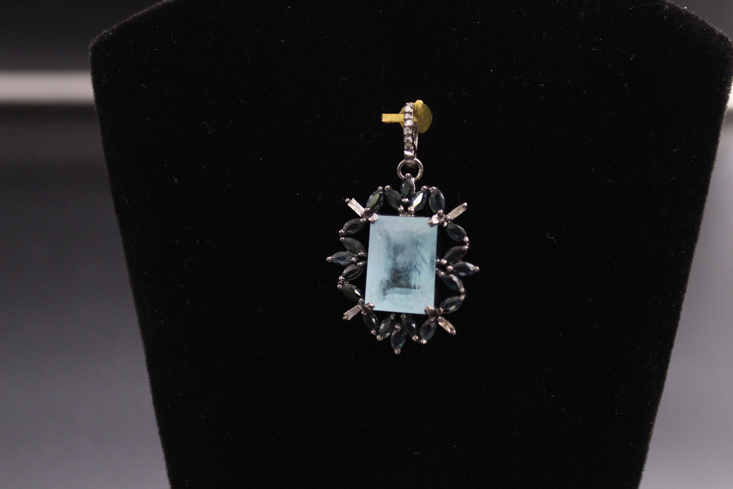 Aqua Marine and Blue Sapphire Pendant with Diamond and Baguette