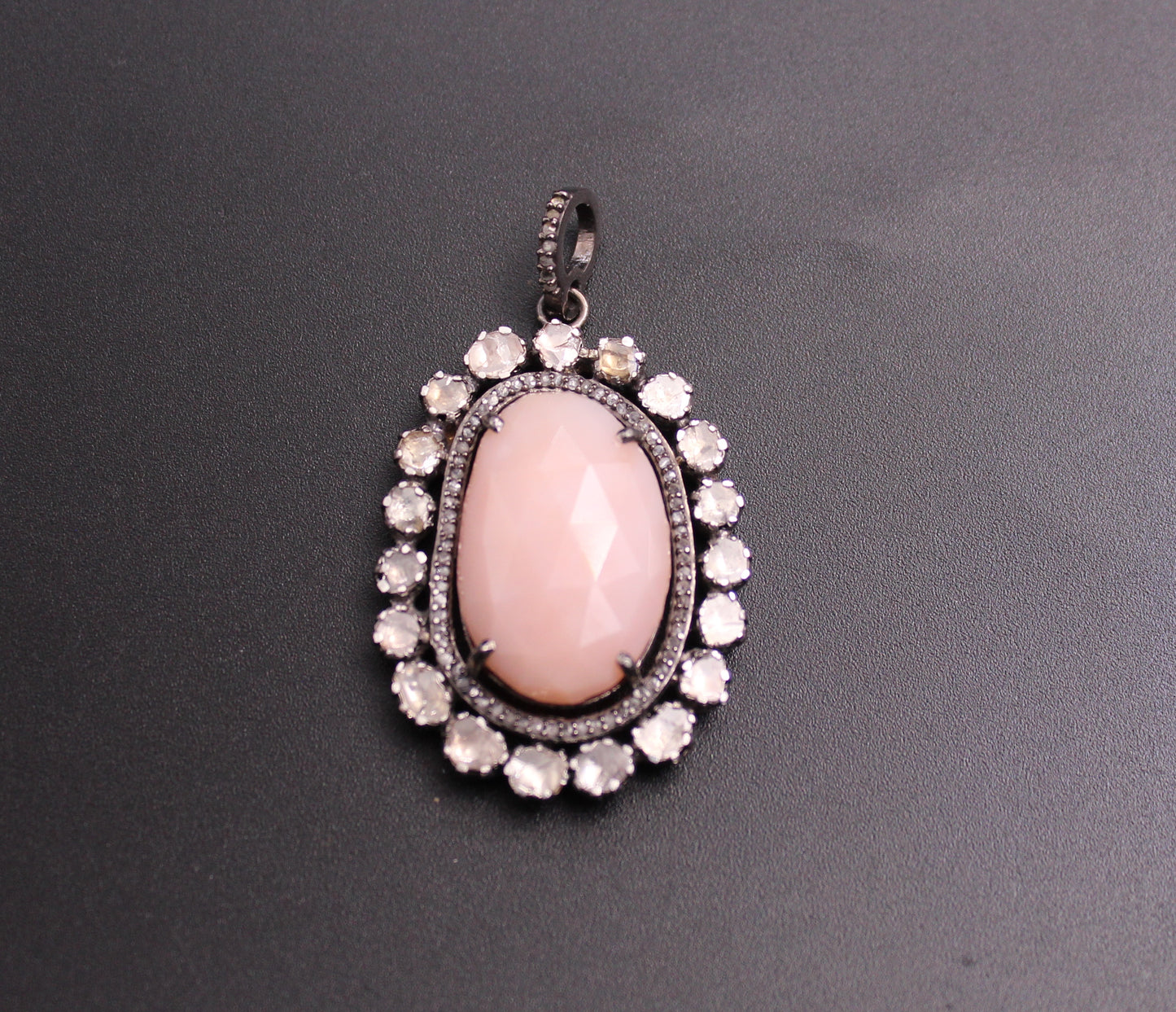 Round Design Pink Opal Pendant with Diamond and Polki