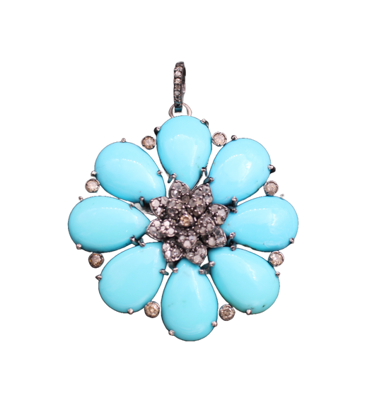 Flower Design Diamond and Turquoise Pendant