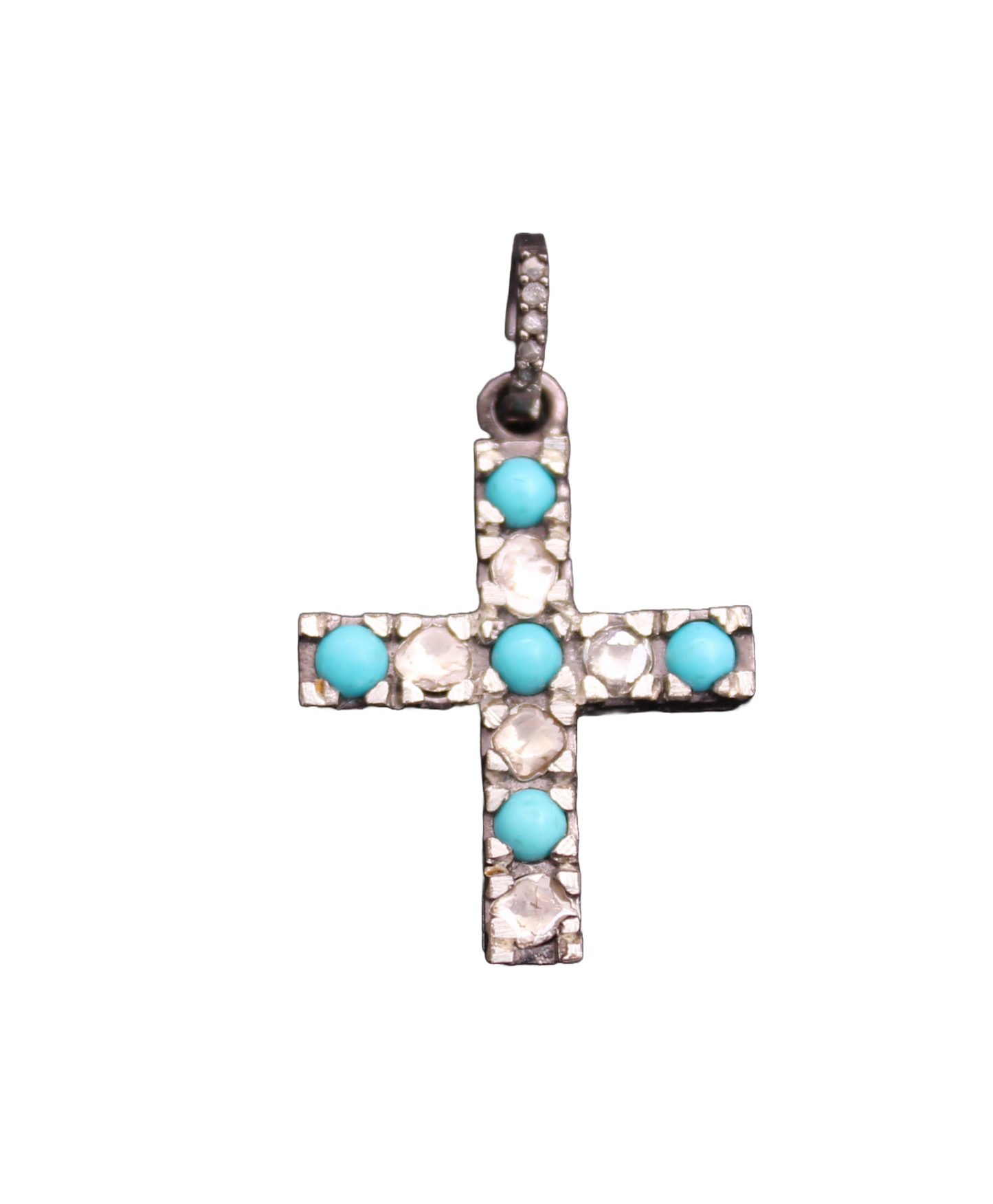 Small Cross Design Diamond with Polki and Turquoise Pendant